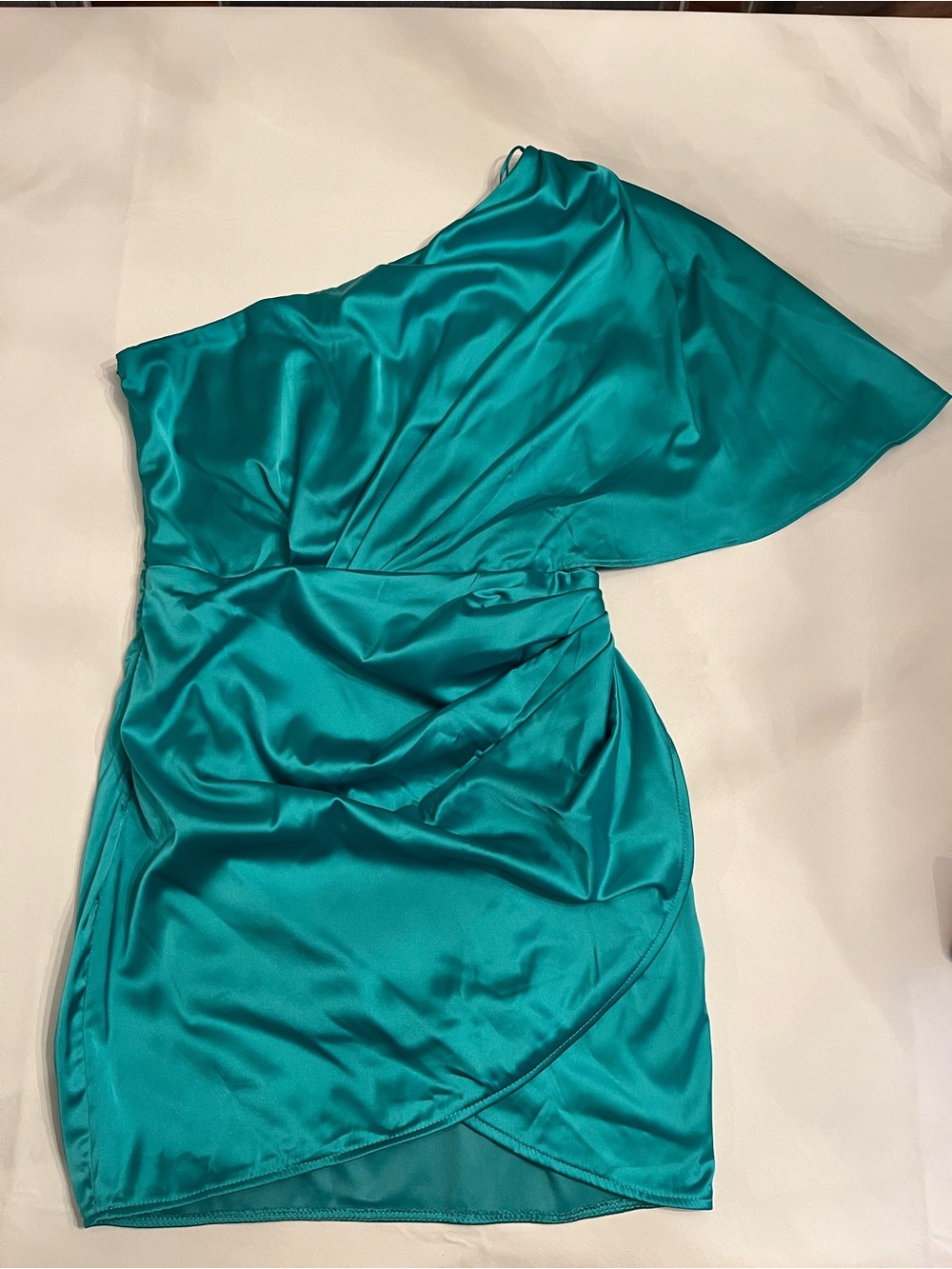 One-Shoulder Teal Satin Cocktail Dress | Small
